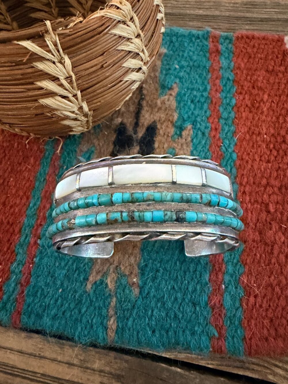 Handcrafted Old Pawn Sterling Silver, Turquoise & Mother of Pearl Inlay Cuff Bra